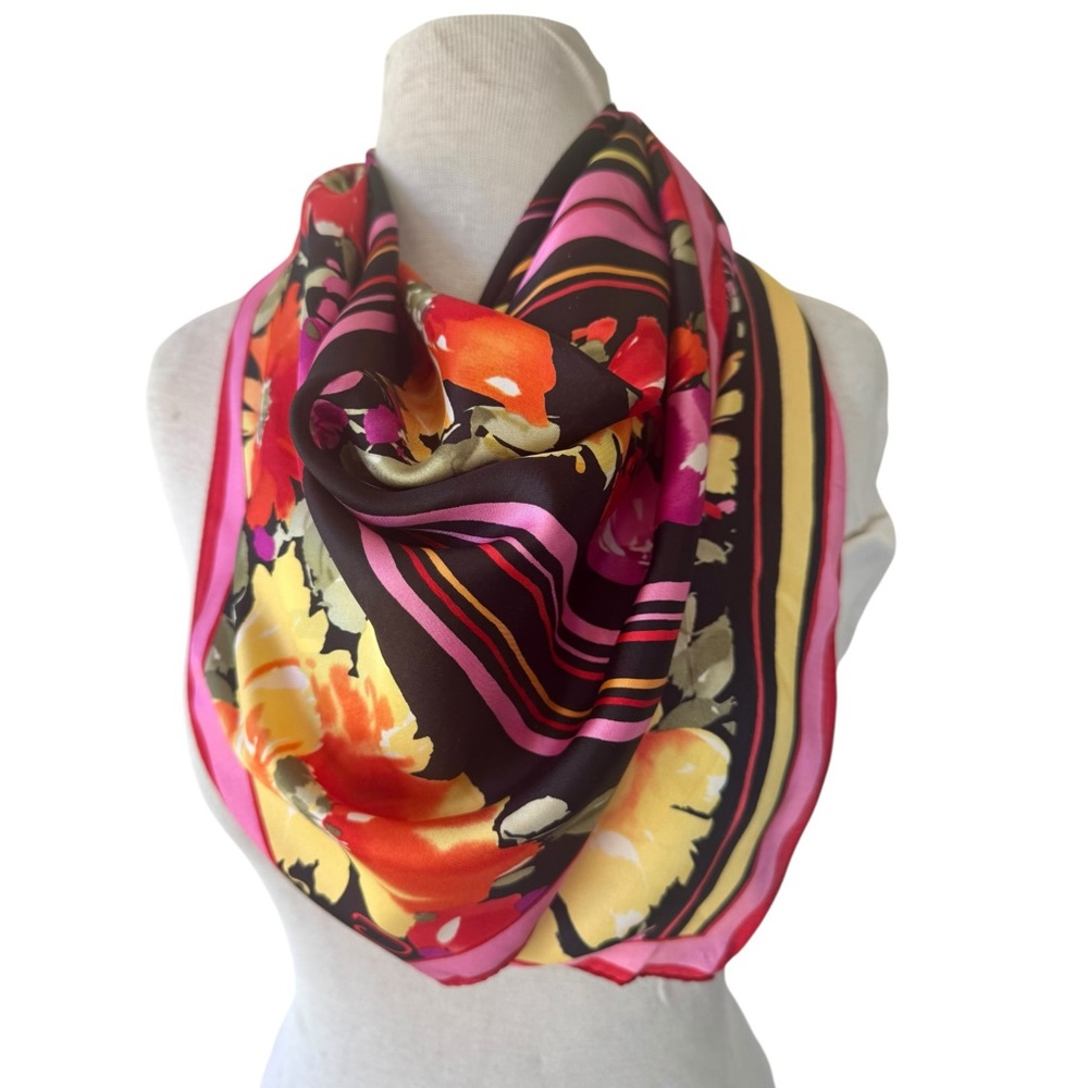 Vtg 90s Oscar de la Renta Silk Floral Stripe Scarf Pink Black Print 35” Signed